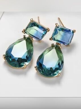 NEW Gold-Plated Green Blue Teardrop Drop Earrings -Ombre effect